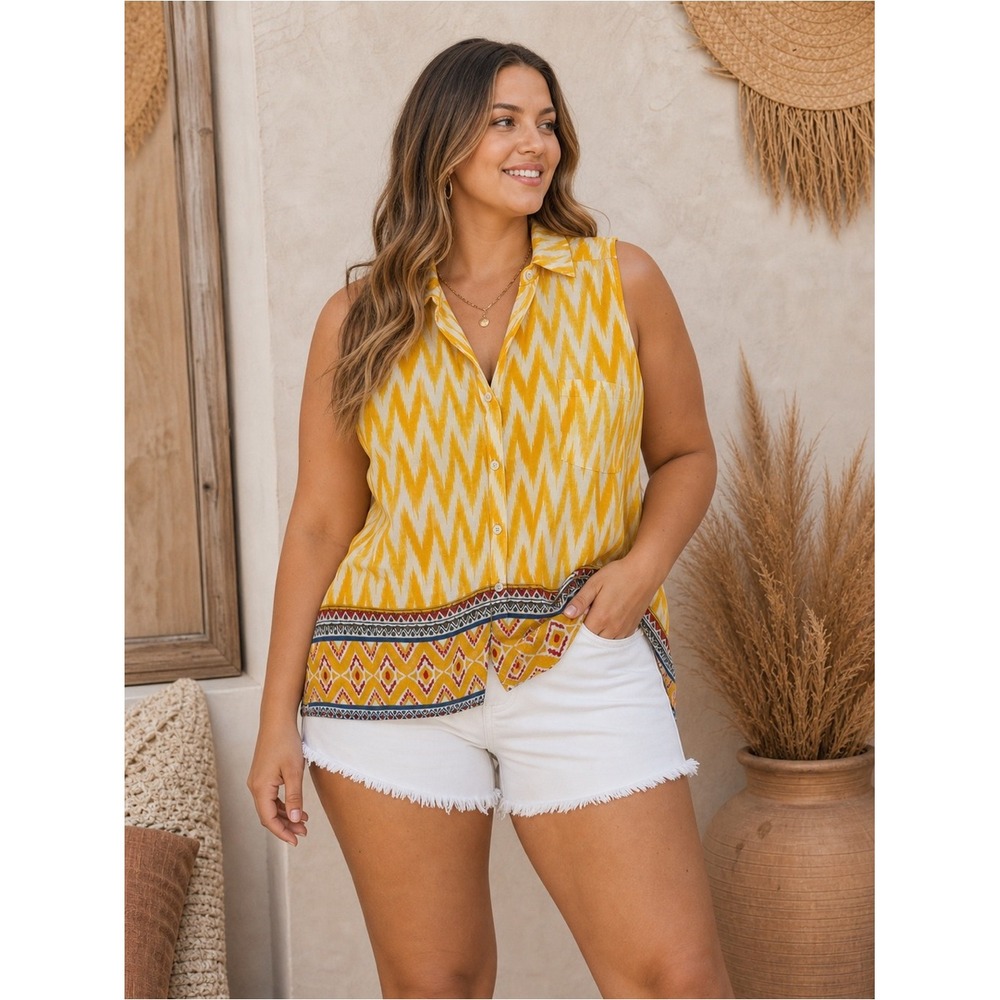 New Directions Weekend Boho Coastal Tank Top XL Yellow Flowy